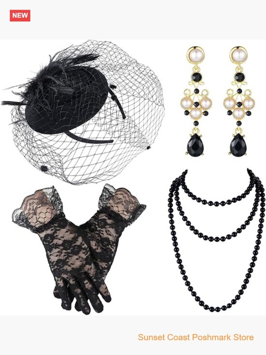 Fascinator Hat Set with Mesh Veil Lace Gloves Necklace Earrings Tea Party main image 7